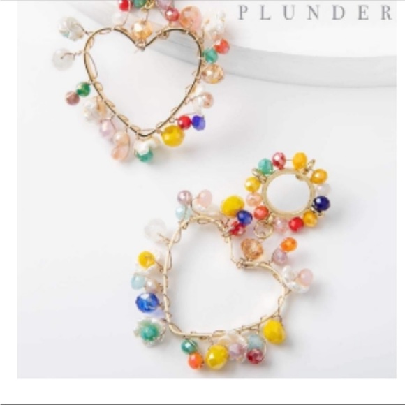 NWT “Haylebeth” Earrings by Plunder- gold tone Heart w/ colorful beads & flowers - Picture 8 of 9